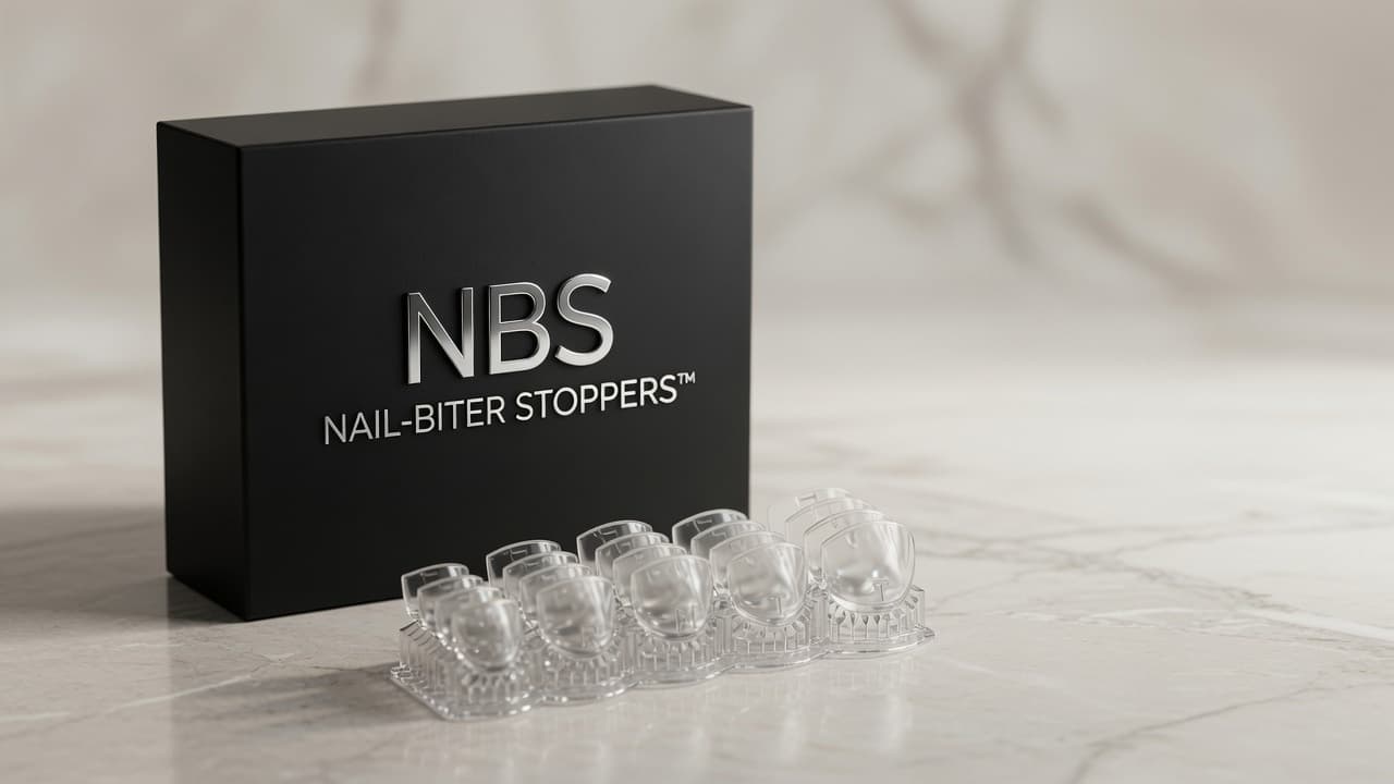 Premium NBS Kit™ packaging and Nail-Biter Stoppers™ protective nail covers