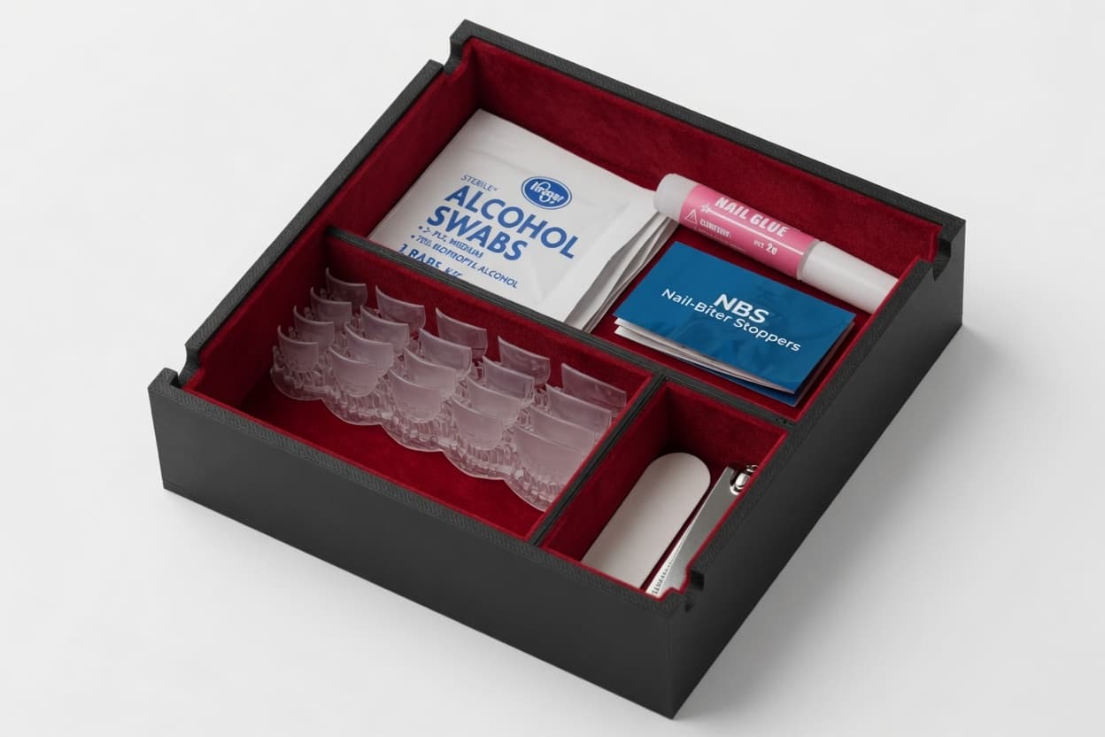 Premium NBS Kit™ open box with red velvet lining, protective nail covers, alcohol swabs, nail glue, tools, and pamphlet